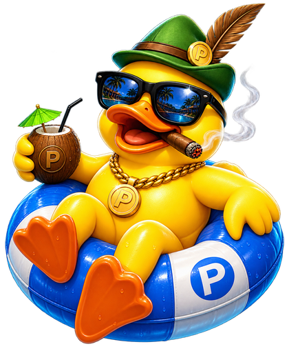 POOLY yellow duck mascot wearing sunglasses, green hat and gold chain