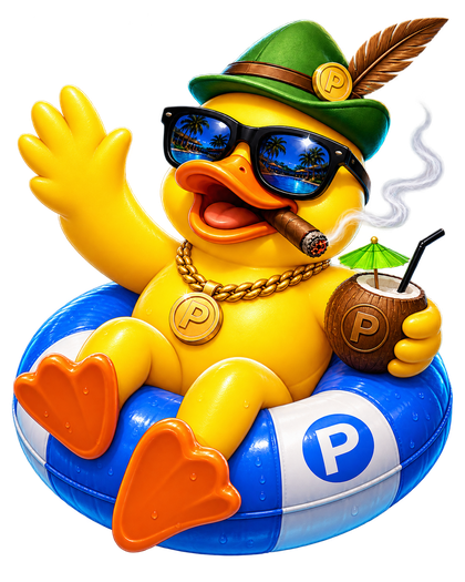 POOLY waving from a pool float