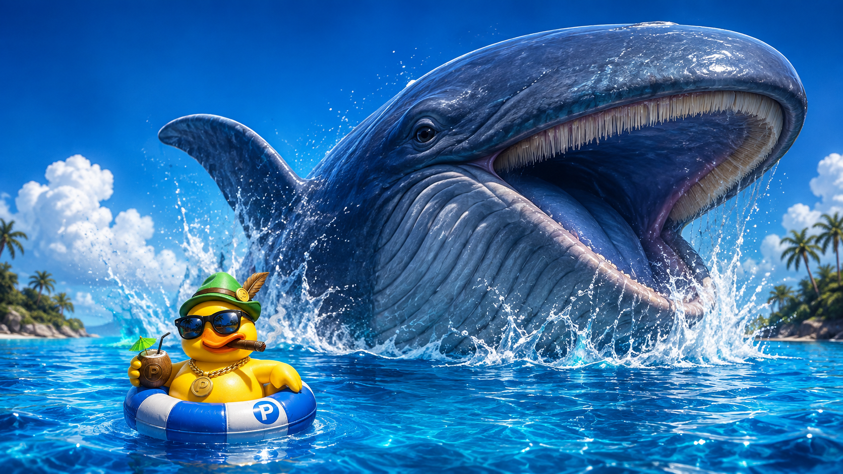 POOLY facing a whale in cinematic blue water
