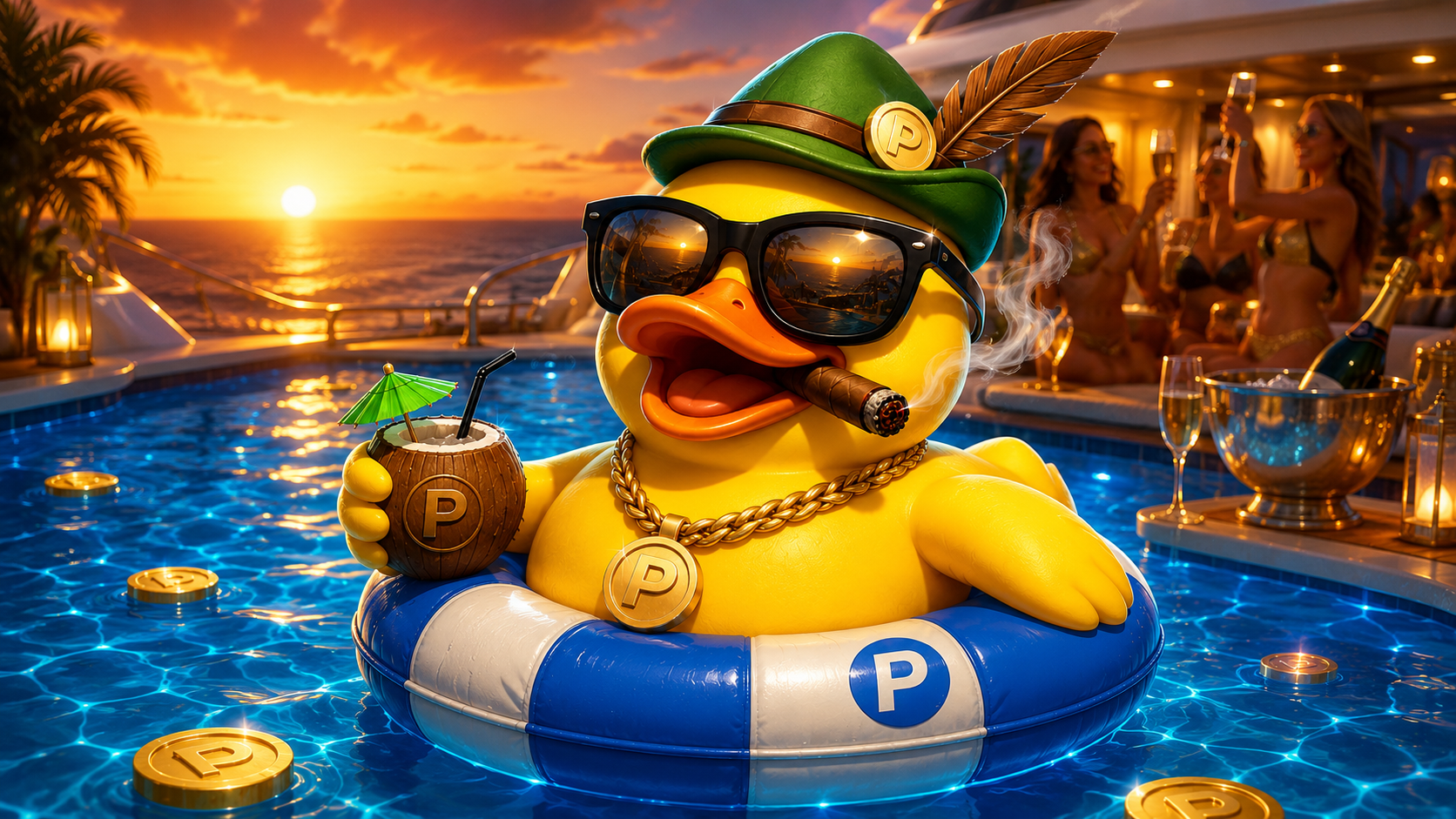 POOLY relaxing on a luxury yacht at sunset